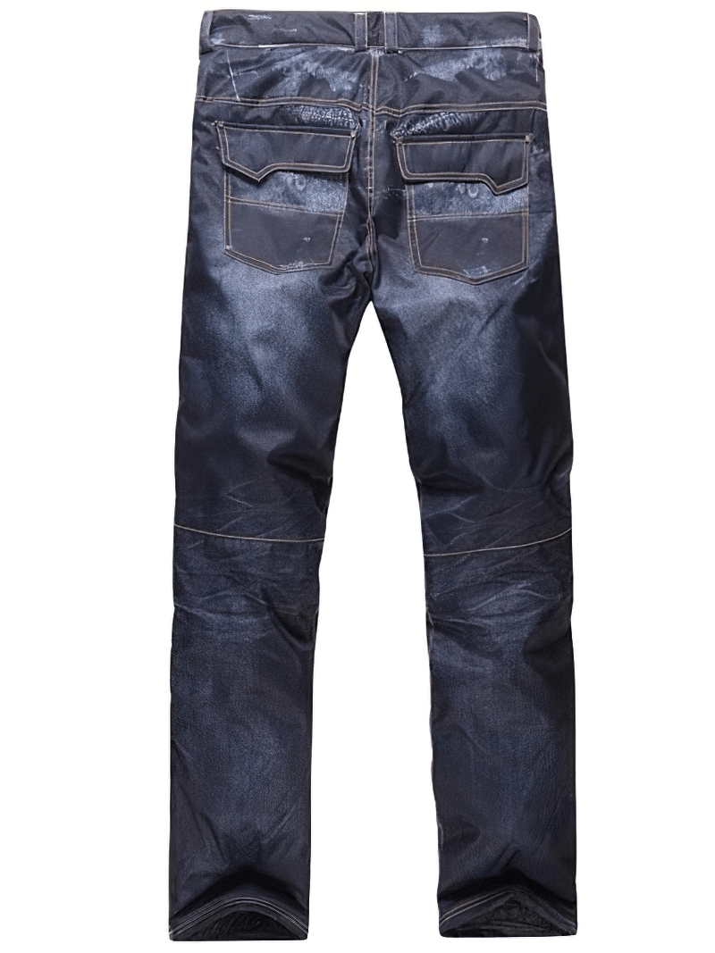 Back view of windproof thermal snowboard denim pants with suspenders, featuring zipper fly and pockets, ideal for winter sports.